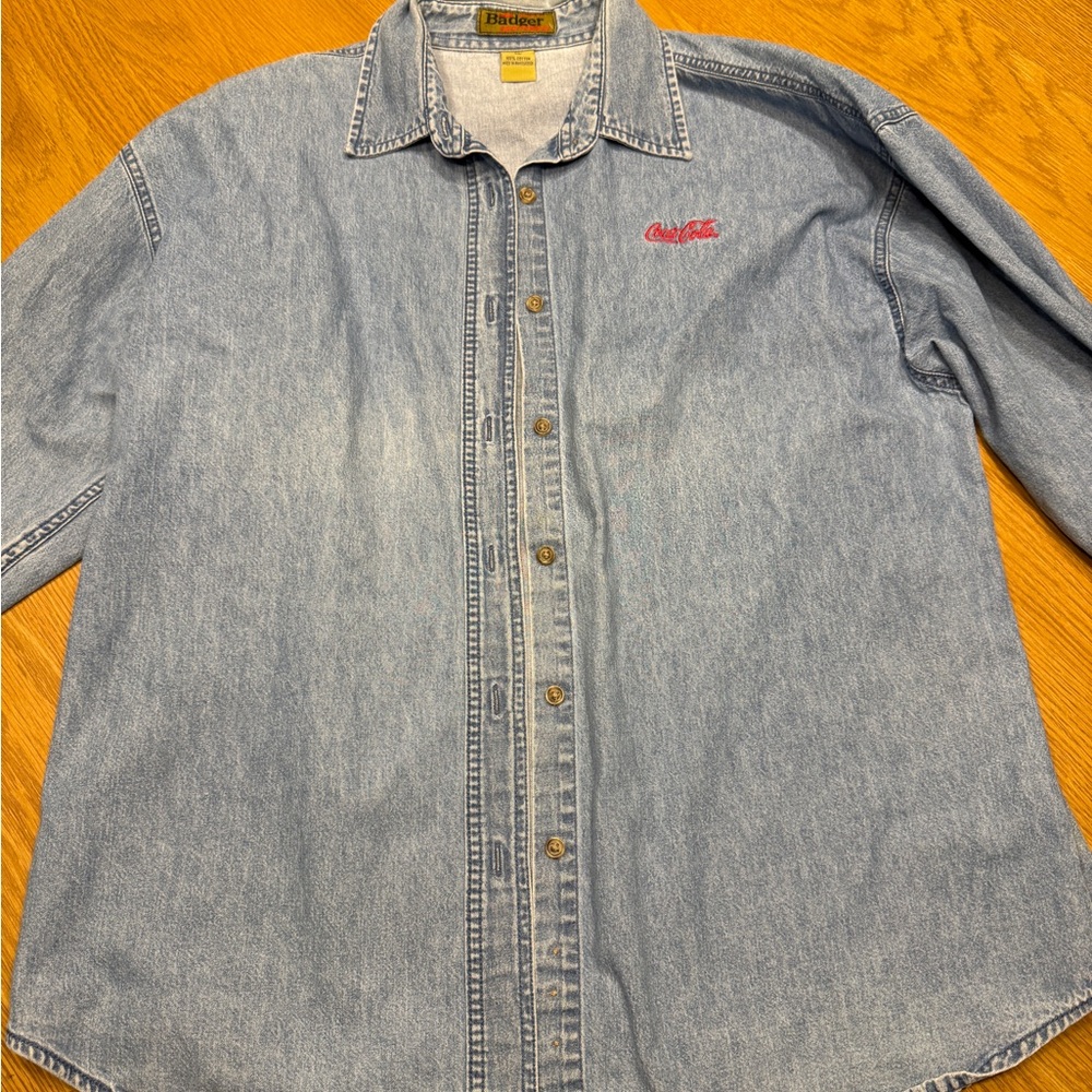 Men’s Vintage Badger 90s Coca-Cola Light Blue Denim Shirt Size XL